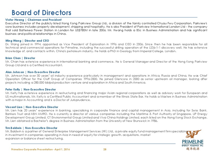 April 2016 Corporate Presentation – Primeline Energy Holdings – slide 28