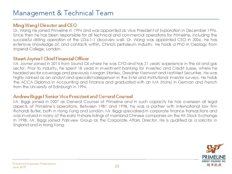 June 2015 Corporate Presentation – Primeline Energy Holdings – slide 27