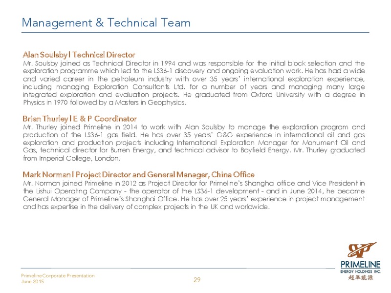 June 2015 Corporate Presentation – Primeline Energy Holdings – slide 28