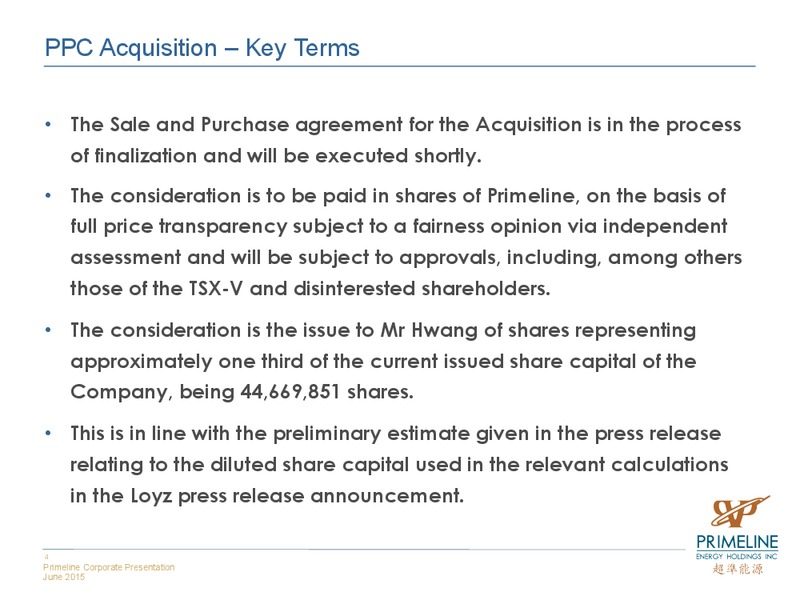JUNE 2015 INVESTOR PRESENTATION – Primeline Energy Holdings – slide 4