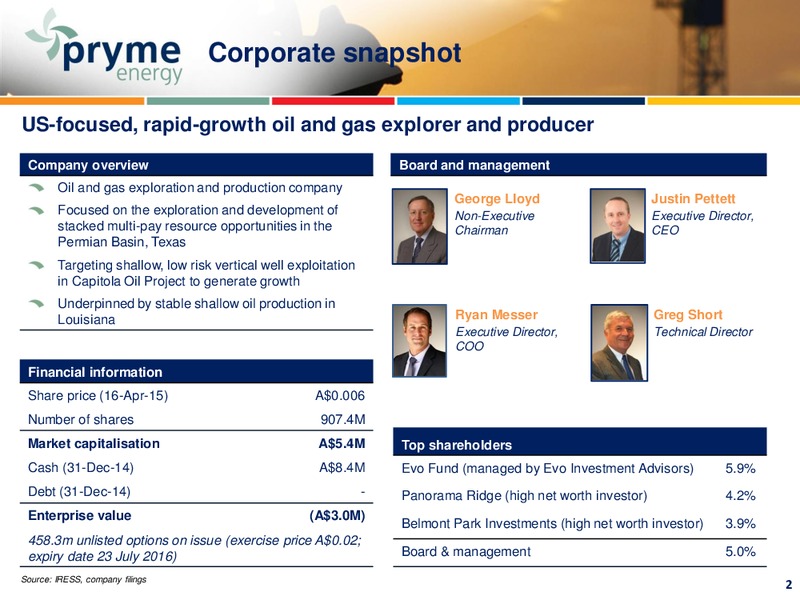 April 2015 Annual General Meeting – Pryme Energy Limited – slide 2