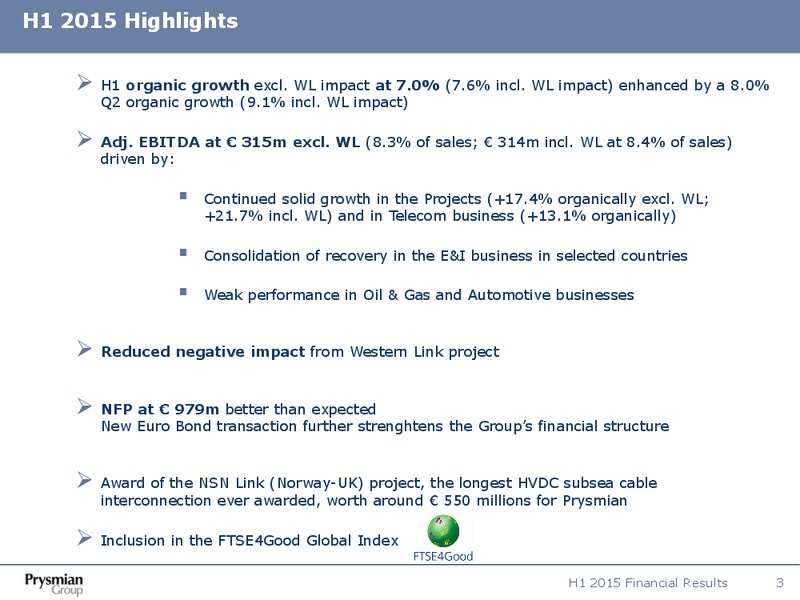 H1 2015 Results – Prysmian Group – slide 2
