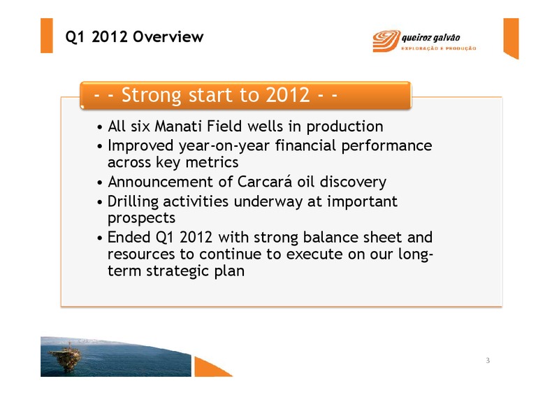 PRESENTATION OF FIRST QUARTER 2012 RESULTS – QGEP Participacoes SA – slide 3