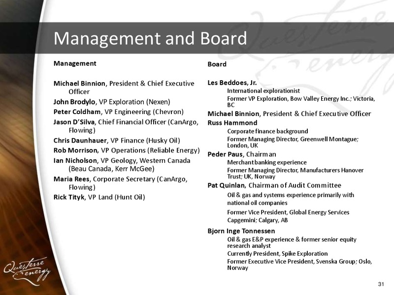 PARETO SECURITIES E&P INDEPENDENTS CONFERENCE – Questerre Energy Corp. – slide 31