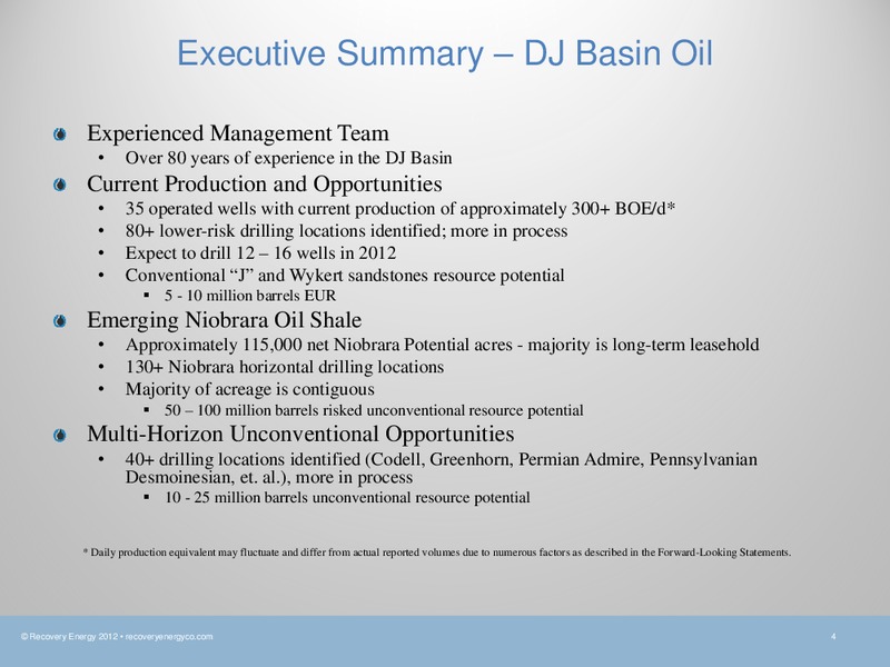 ANNUAL GHS 100 ENERGY CONFERENCE – Recovery Energy, Inc. – slide 3