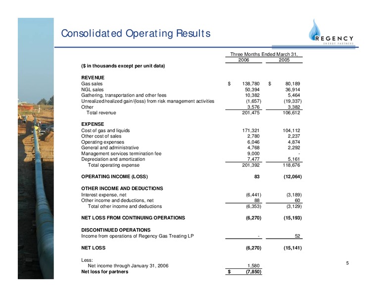 Q1 2006 EARNINGS CALL – Regency Energy Partners Lp – slide 5