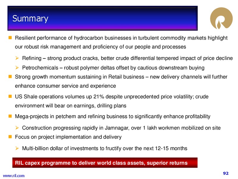 3Q FY 2014 15 Financial Results – Reliance Industries Limited – slide 91