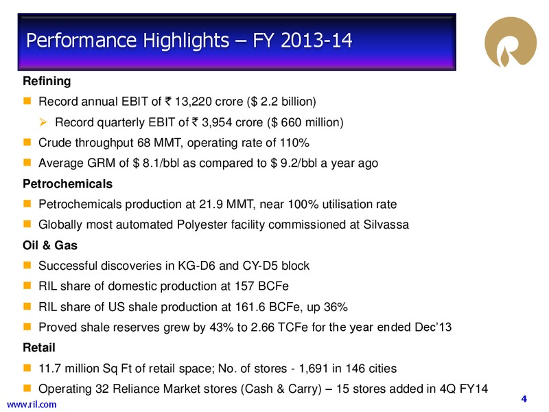 4Q Annual Results FY 2013 14 Financial Results – Reliance Industries Limited – slide 3