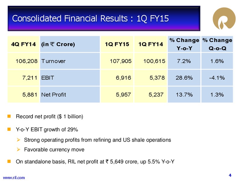 1 Q FY 2014 15 FINANCIAL RESULTS – Reliance Industries Limited – slide 3