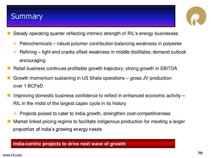 1 Q FY 2014 15 FINANCIAL RESULTS – Reliance Industries Limited – slide 69