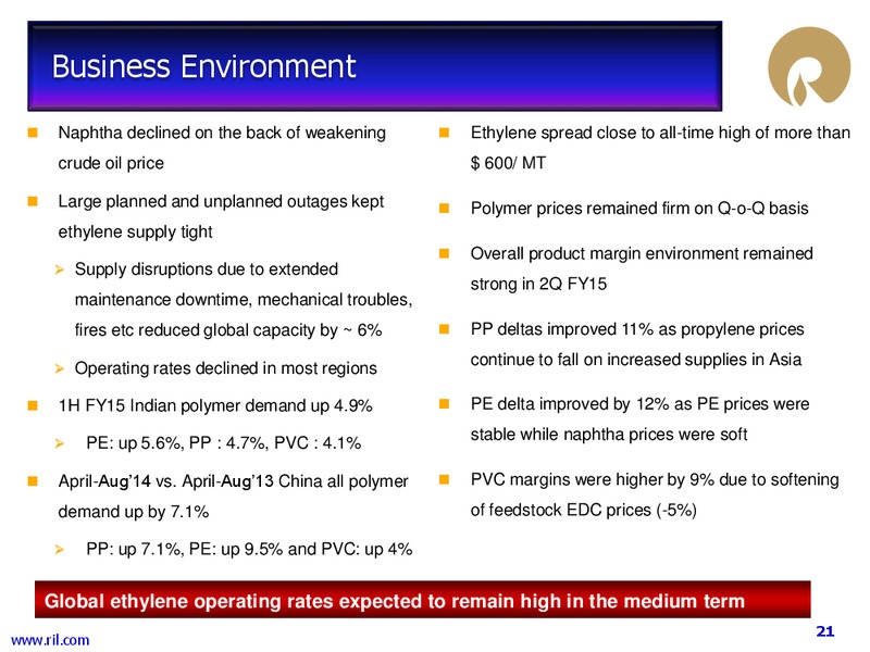 2Q FY 2014 15 FINANCIAL RESULTS – Reliance Industries Limited – slide 20