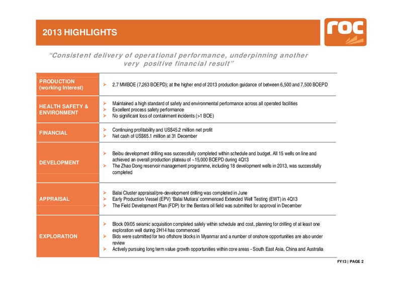 FY2013 Results – Roc Oil – slide 2