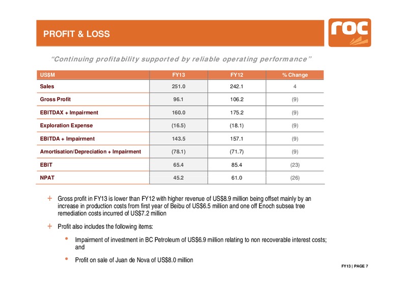 FY2013 Results – Roc Oil – slide 7