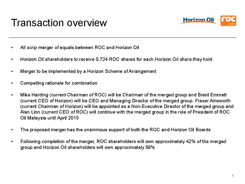 Merger Announcement – Roc Oil – slide 3
