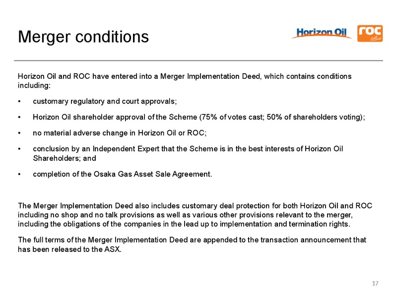 Merger Announcement – Roc Oil – slide 16