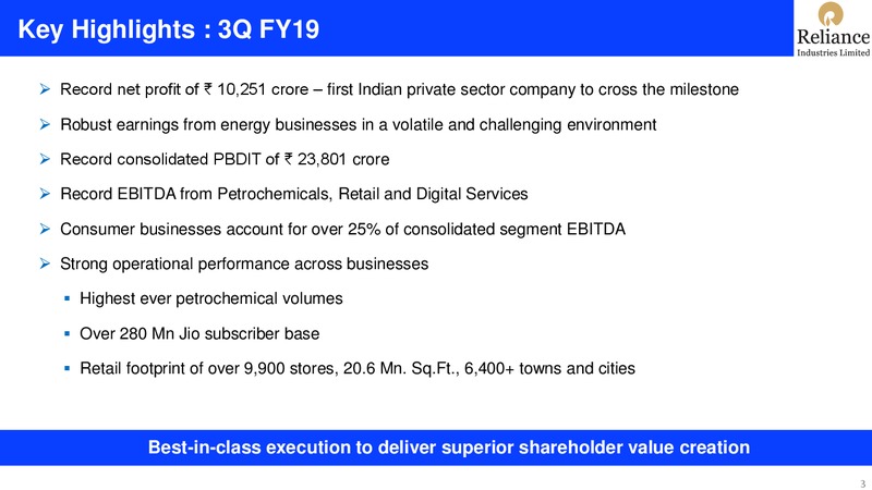 3Q FY 2018 19 Financial Results – Reliance Industries Limited – slide 3