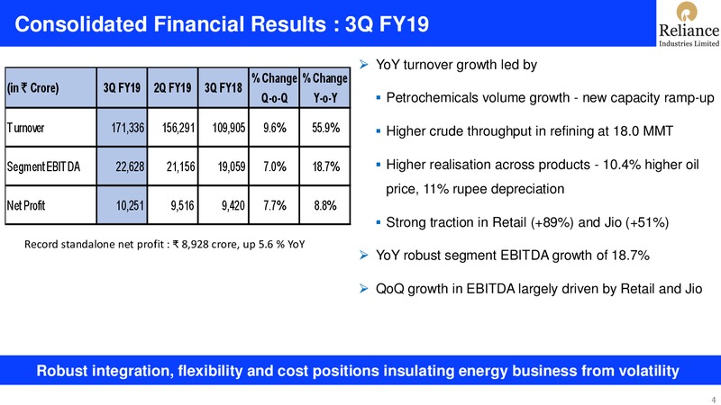 3Q FY 2018 19 Financial Results – Reliance Industries Limited – slide 4