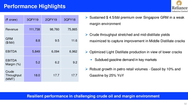 3Q FY 2018 19 Financial Results – Reliance Industries Limited – slide 12