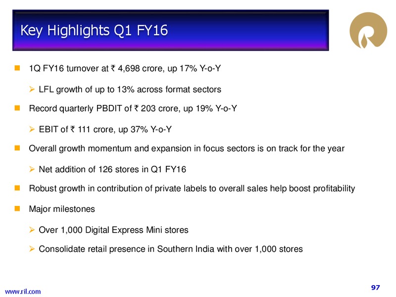 Q1 FY 2015 to 2016 Financial Results – Reliance Industries Limited – slide 90