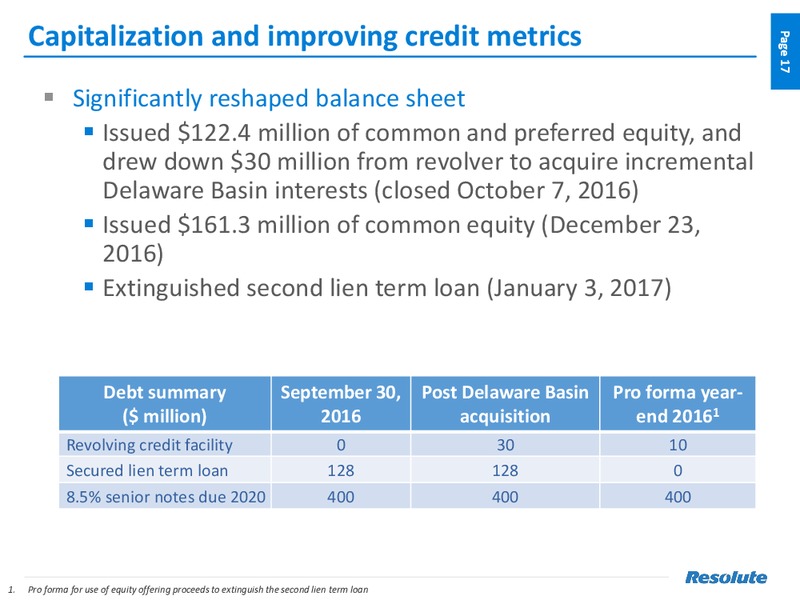 January 2017 Investor Presentation – Resolute Energy Corp – slide 16