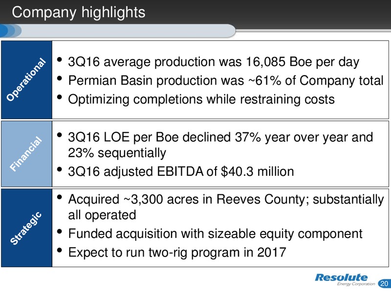November 2016 Investor Presentation – Resolute Energy Corp – slide 19