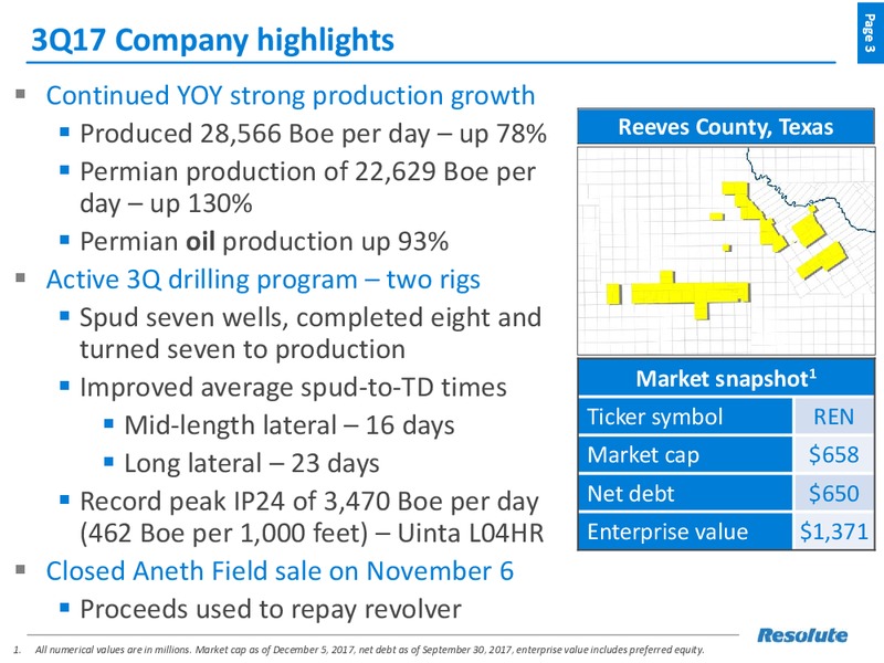 December 2017 Investor Presentation – Resolute Energy Corp – slide 2