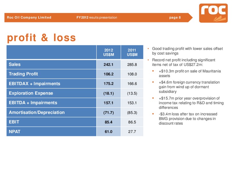 2012 Earnings Call – Roc Oil – slide 8