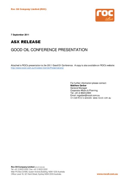 The RIU Good Oil Conference – Roc Oil – slide 1