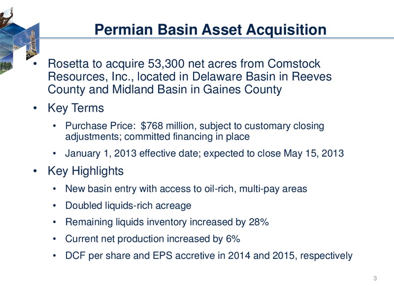 Permian Basin Acquisition Conference Call – Rosetta Resources, Inc. – slide 3