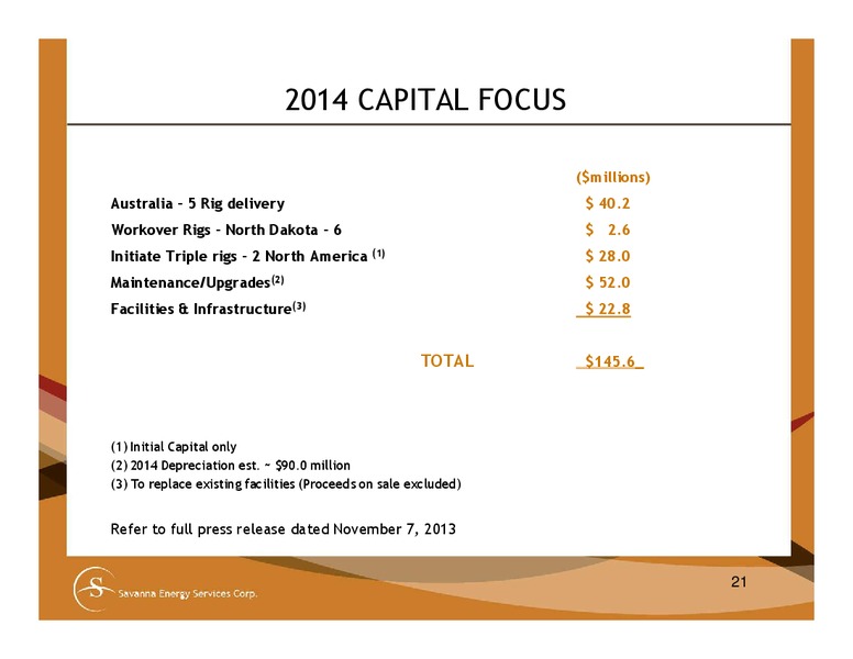 2ND ANNUAL ENERGY SERVICES DIVERSIFIED INDUSTRIES & AG CONFERENCE – Savanna Energy Services Corp. – slide 21
