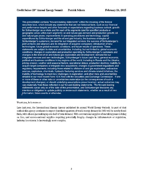 CREDIT SUISSE 20TH ANNUAL ENERGY SUMMIT – Schlumberger Limited – slide 2