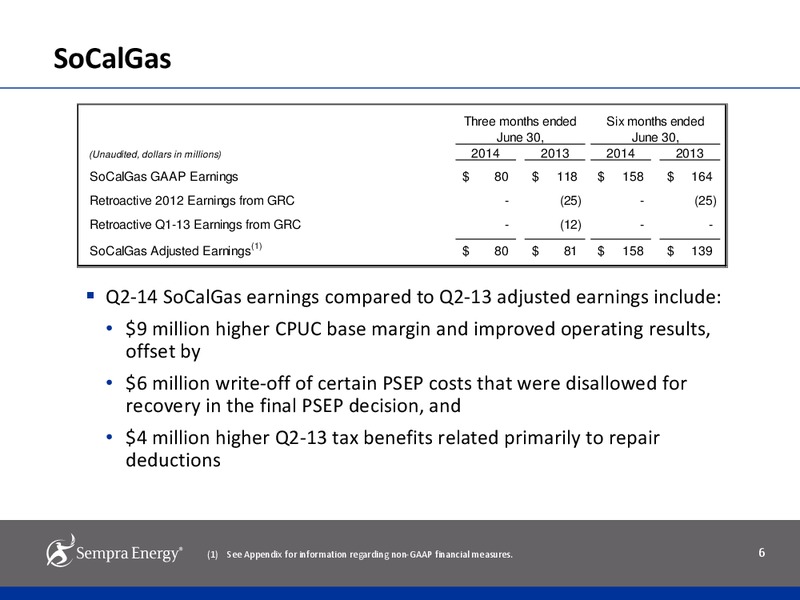 SECOND QUARTER 2014 EARNINGS RESULTS – Sempra Energy – slide 5