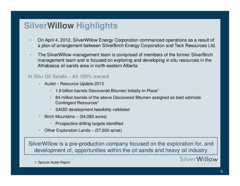 Investor Presentation – Silverwillow Energy Corporation – slide 4