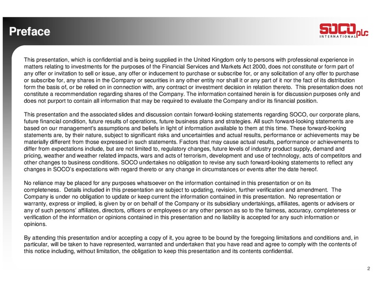 MACQUARIE'S OIL & GAS EXPLORERS CONFERENCE – Soco International Plc – slide 2