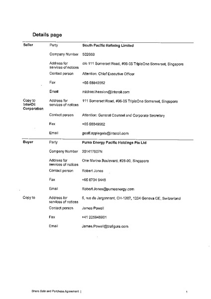 SHARE SALE AND PURCHASE AGREEMENT – South Pacific Refining Limited – slide 4