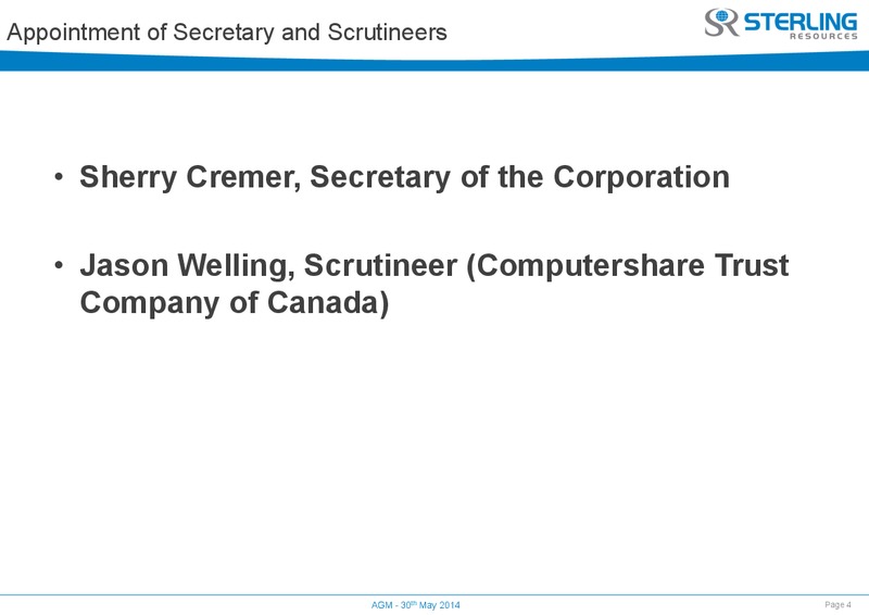 AGM – Sterling Resources Ltd. – slide 5