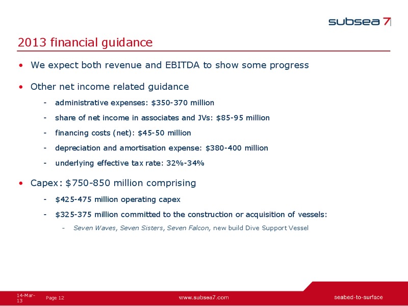 Q4 AND FULL YEAR 2012 EARNINGS CALL – Subsea 7 Sa – slide 12