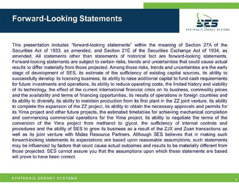 ARDOUR CAPITAL ENERGY TECHNOLOGY ANNUAL CONFERENCE – Synthesis Energy Systems Inc. – slide 2