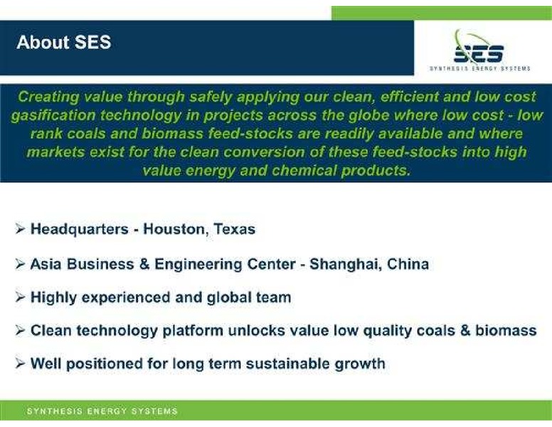 ARDOUR CAPITAL ENERGY TECHNOLOGY ANNUAL CONFERENCE – Synthesis Energy Systems Inc. – slide 3