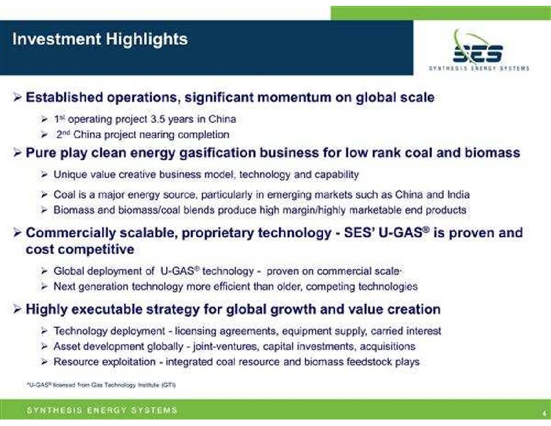 ARDOUR CAPITAL ENERGY TECHNOLOGY ANNUAL CONFERENCE – Synthesis Energy Systems Inc. – slide 4