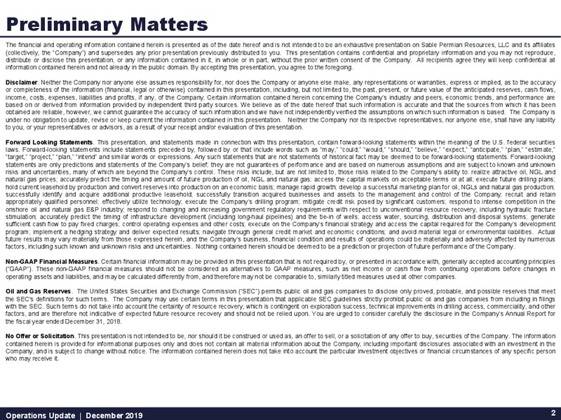 December 2019 Operations Update – Sable Permian Resources, LLC – slide 2