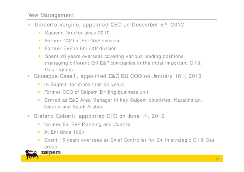 2012 GUIDANCE REVIEW AND 2013 OUTLOOK – Saipem Spa – slide 20