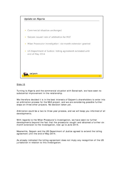 2013 EARNINGS CALL – Saipem Spa – slide 16