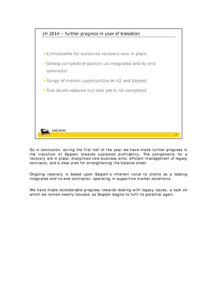 1H 2014 CONSOLIDATED RESULTS – Saipem Spa – slide 30