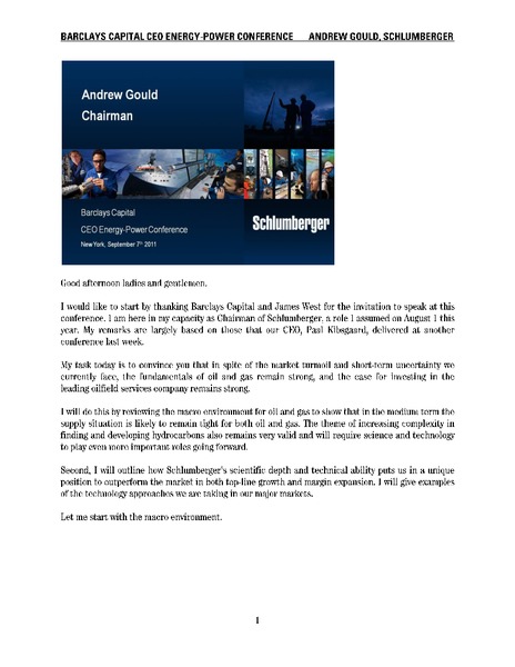 CEO ENERGY POWER CONFERENCE – Schlumberger Limited – slide 1