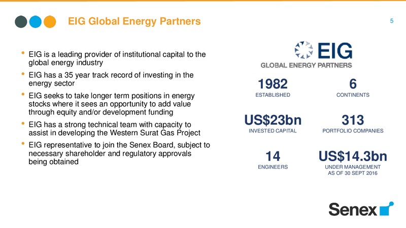 Senex and EIG transaction and capital raising – Senex Energy Ltd. – slide 5