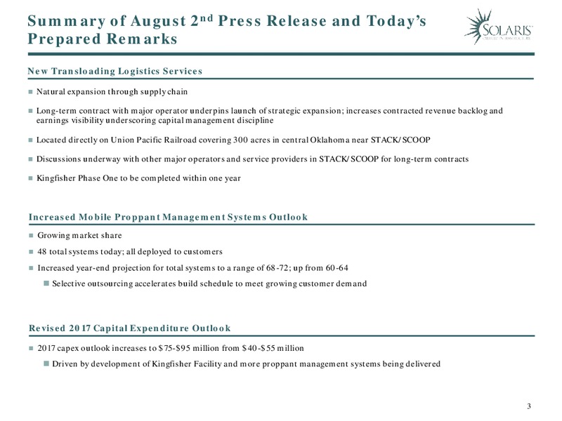 August 2017 Investor Presentation – Solaris Oilfield Infrastructure, Inc. – slide 3