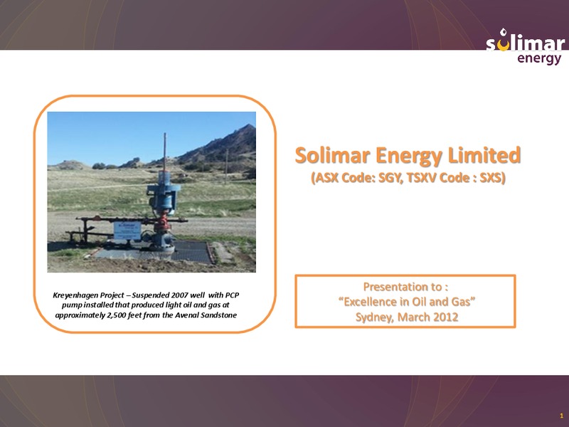 Excellence in Oil and Gas Presentation – Solimar Energy Limited – slide 1