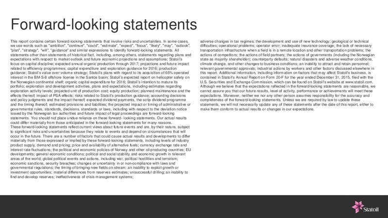 Q3 2016 Results – Statoil – slide 10