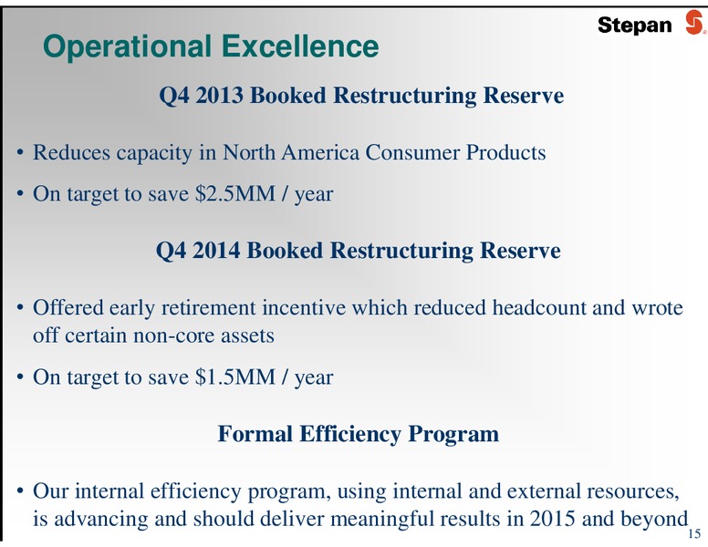 JUNE 2015 INVESTOR PRESENTATION – Stepan Company – slide 15